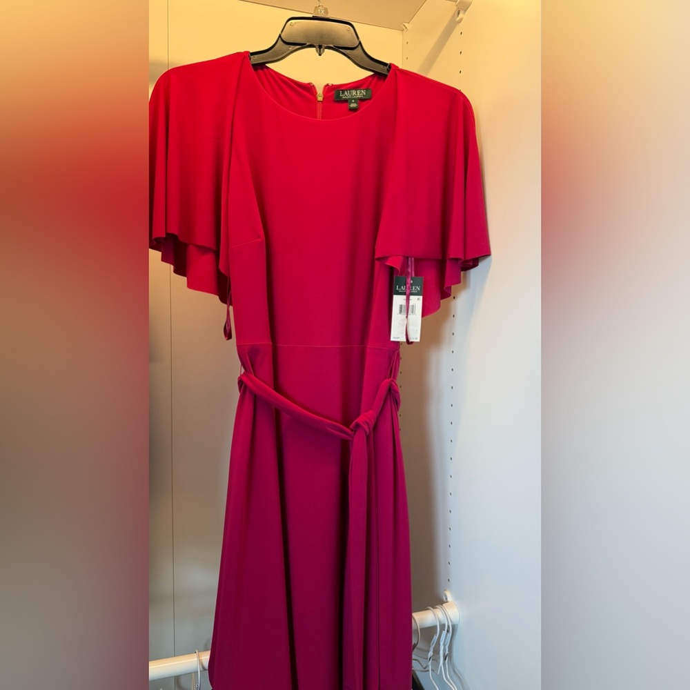 Ralph Lauren Orchid Midi Dress with Flutter Sleeves and Wrap Design